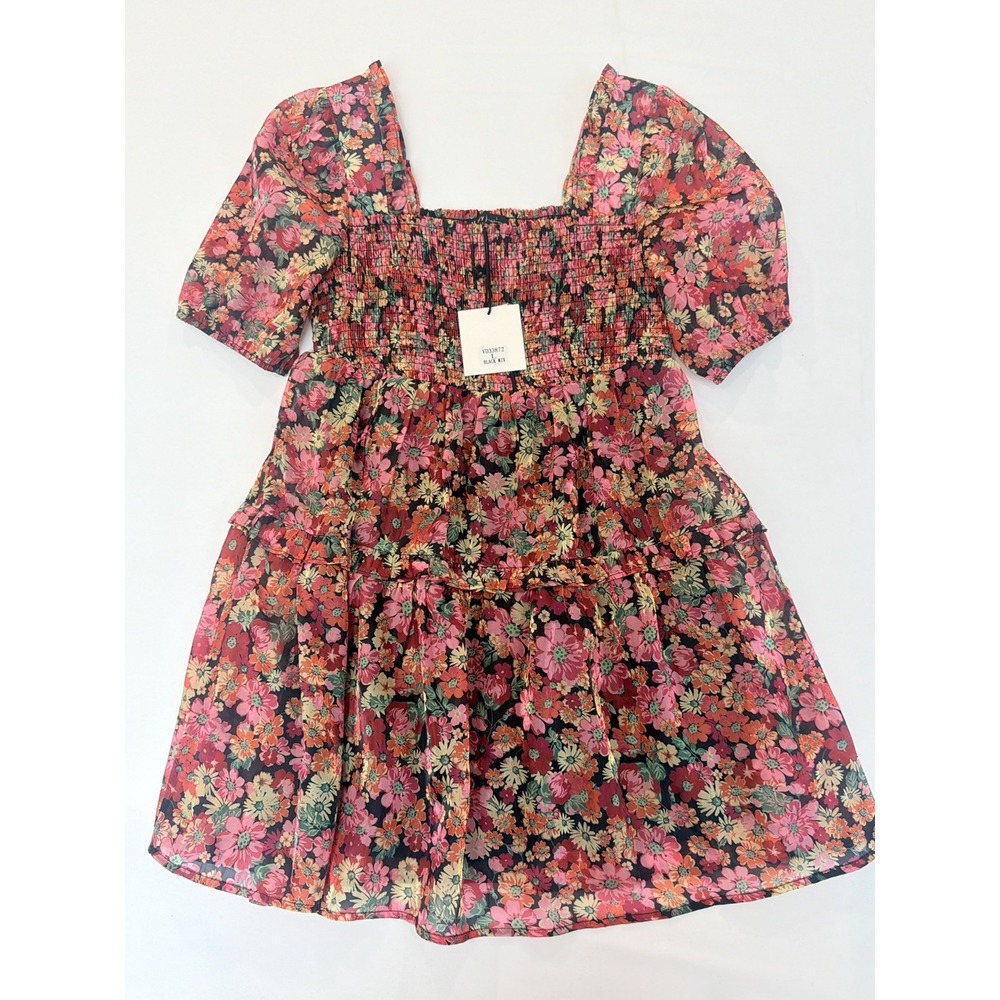 Very J Floral Smocked Dress Large Multi Color Puff Sleeve Party preppy formal